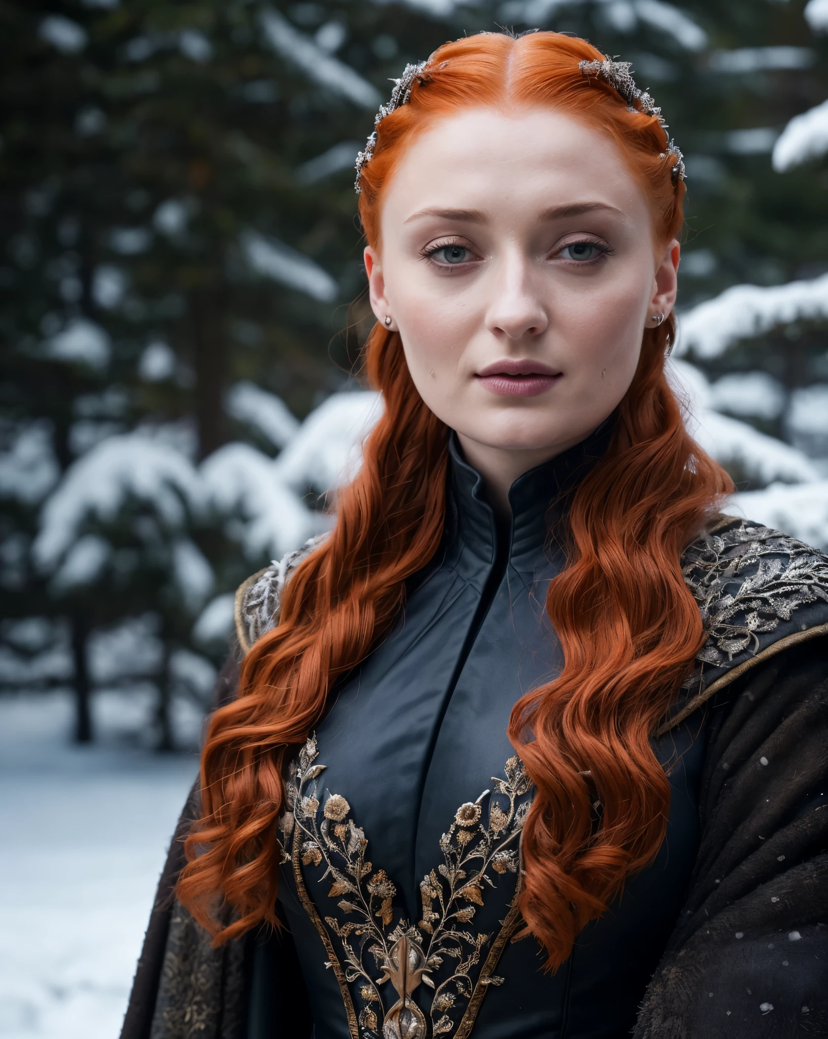 Face of Sophie Turner, Sansa Stark played by Sophie Turner, the de facto Lady of the Eyrie, is a 40-year-old mature queen with a stunning, alluring appearance. Full Face, Full figured woman, pierced eyes, reddish lips, upper body shot, erotic Mediaeval costumes, game of thrones costumes, She wears a Game of Thrones-inspired costume and has a deep cleavage, a perfect thick body, and a perfect thick figure. The photograph captures her in a close-up, with her skin texture and facial features being ultra-realistic and realistic. Juicy thick figure, high quality skin, Skin pores, amazing details, snow, snow flakes, semi realistic, extremely detailed eyes, dark moody orange and black settings, cool environment, artificial intelligence, winter, winter scene, 