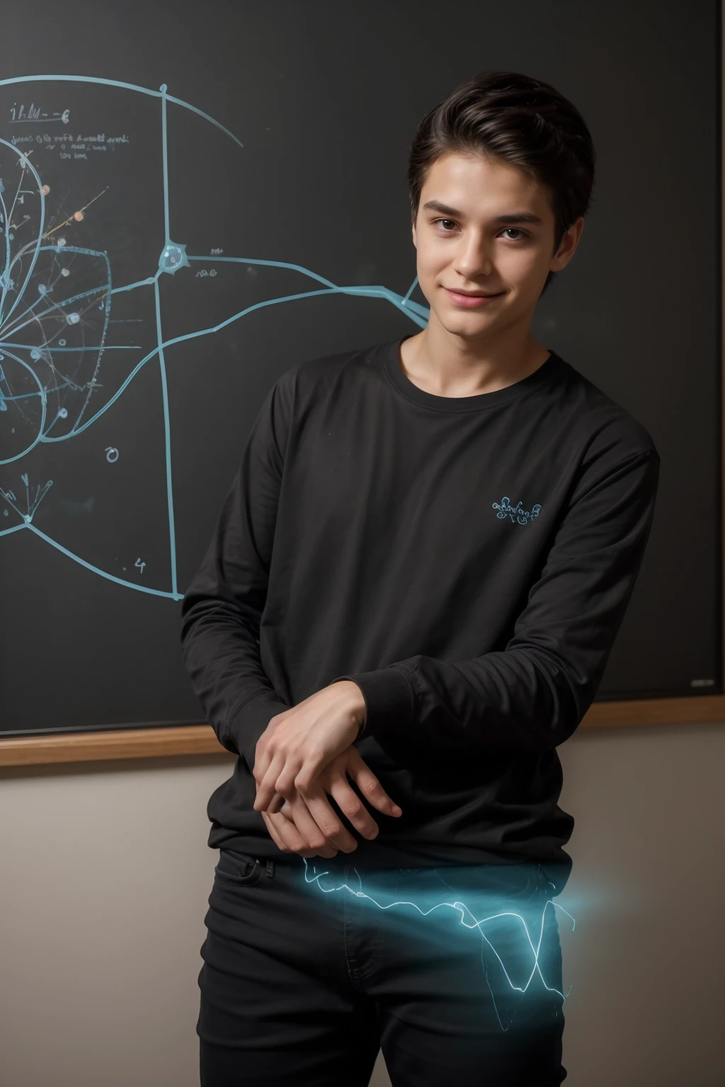 A beautiful, twinkling young man, a cute male, who is a genius in science. He has black hair and wears a long-sleeved aquamarine shirt and black jeans. He looks proudly in his office, and behind him is a blackboard with neurons written on it and neon energy coming out of it.