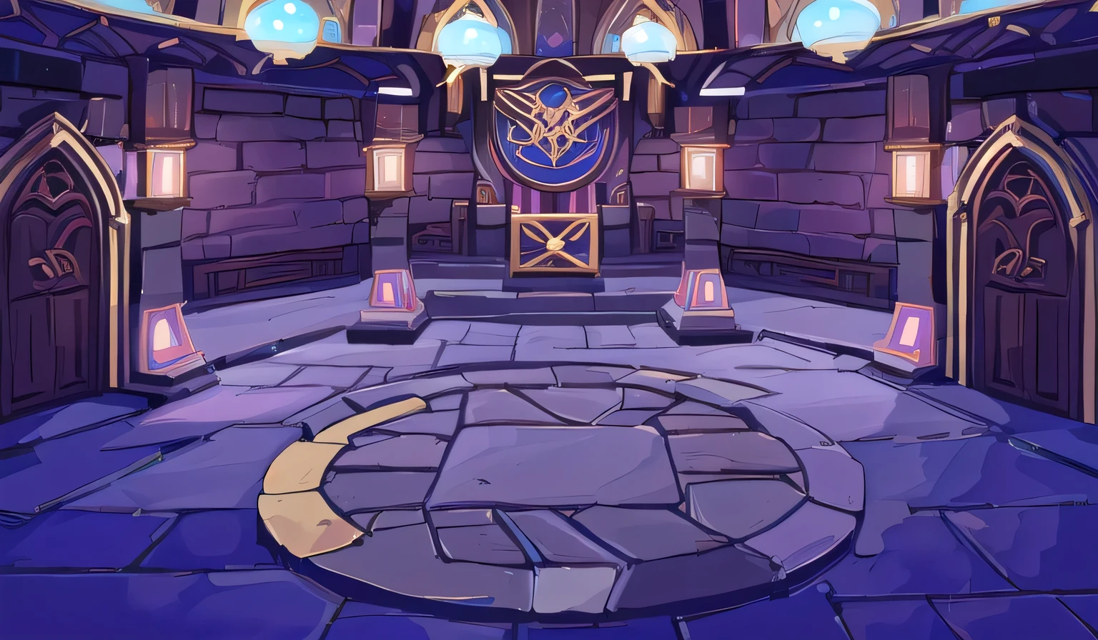 Close up of a cartoon style castle with a circular entrance, odin's stone Arena Background, Arena Background, Kingdom of Light Background, decadent Jinluan Hall, in a Dungeon Background, Dungeon Background, background technology, Heartstone original art style, rustic Jinluan Hall, Magic Laboratory Background, interior background technology, background technologywork, Palace Background, Jinluan Hall, Purple flames surrounding the magic arena