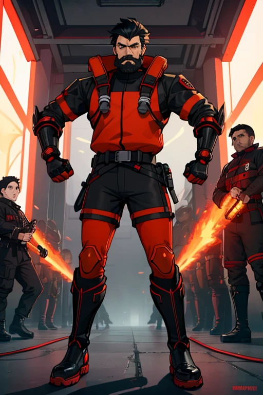 male, orange eyes, black hair, tan skin, (((1boy))), (((red and black futuristic Fire Rescue uniform))), (red Fire Rescue helmet), (black cybernetic gauntlets), (black boots), (black belt), long legs, beard, moustache