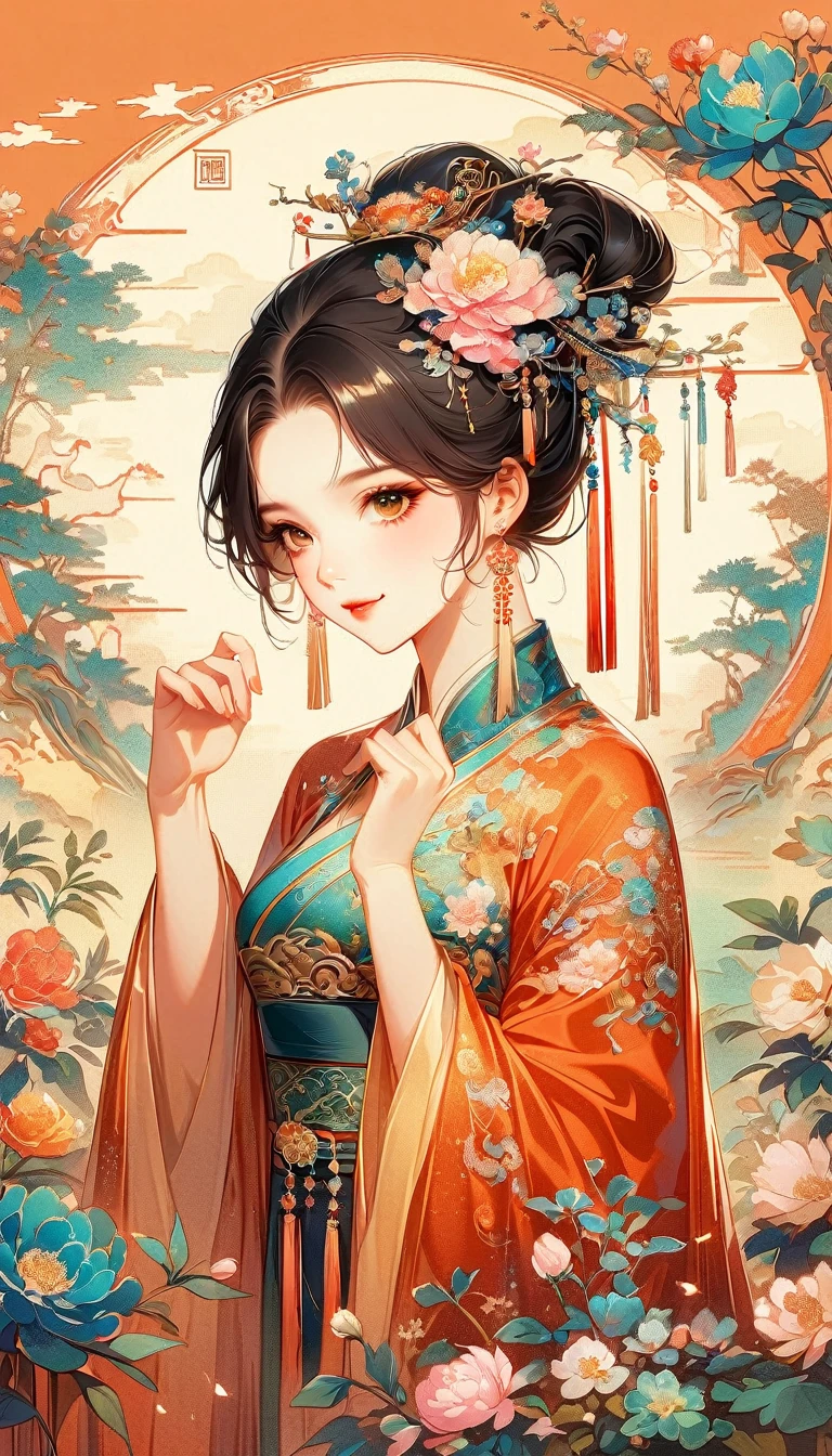 A beautiful young woman in traditional Chinese attire, sweet smile, from side, fashion pose, hands up gesture, charming and attractive sexy pose, surrounded by a lush garden. gazing at it with gentle eyes. The woman's hair is styled in an elaborate updo adorned with flowers and traditional ornaments. Her dress is elegant, featuring fine silk with floral embroidery. The garden is in full bloom, with peonies and other flowers providing a backdrop. The scene captures the serenity and beauty of classical Chinese art, with a touch of nature harmony, (((Ultra-high saturation, high natural saturation, extremely bright colors)))