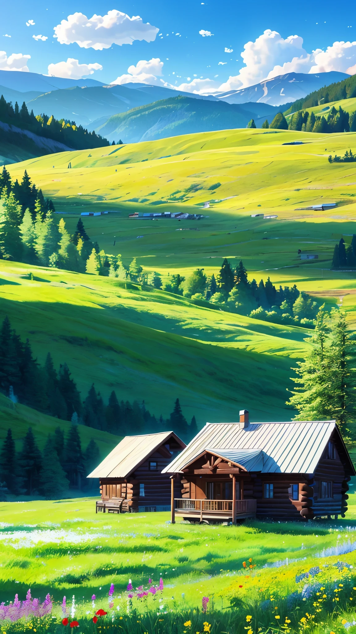 **Prompt:**
"Capture the serene beauty of rustic wooden cabins nestled amidst a vibrant, flower-filled meadow on a sunny day. The cabins, made of natural logs with off-white or light-colored roofs, sit under a vast, bright blue sky adorned with fluffy white clouds. Emphasize the contrast between the wooden textures of the cabins and the vivid colors of the wildflowers, with a backdrop of gently rolling green hills. Focus on the harmonious blend of nature's elements, creating a peaceful and picturesque countryside scene."