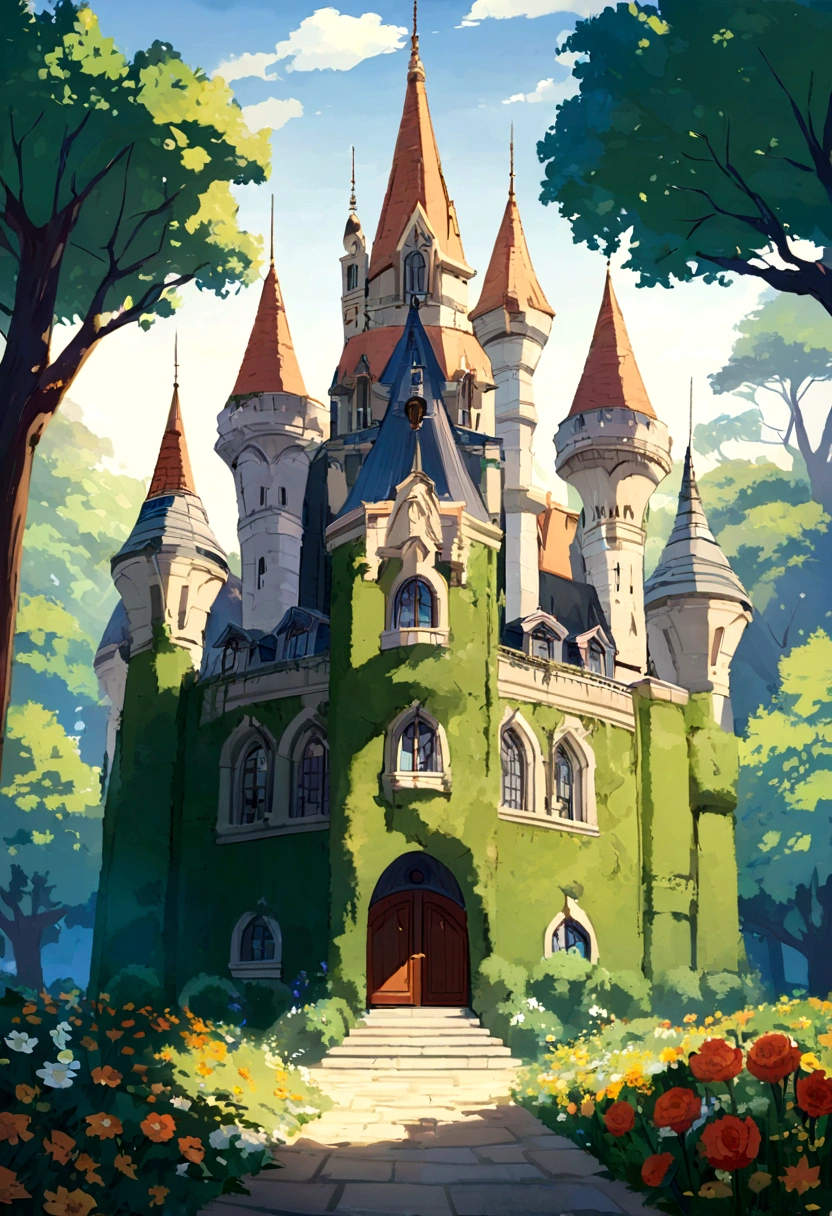 Um filme inspirado na Disney Pixar (Mulher branca 35 anos  COM CABELO curto CACHEADO PRETO)  The scene is in the distinctive art of the PIXAR style: a cool and stylish castle with a square with flowers and trees