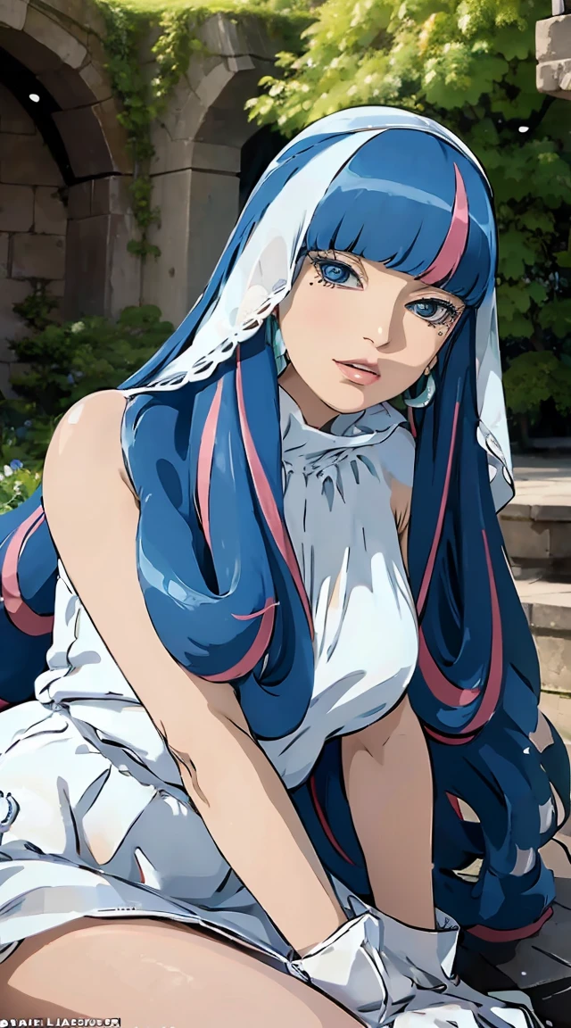 eida, long hair, bangs, blue eyes, very long hair, blue hair, pink hair, multicolored hair, earrings, blunt bangs, two-tone hair, streaked hair, gloves, dress, cleavage, bare shoulders, collarbone, elbow gloves, white gloves, white dress, strapless, tiara, veil, strapless dress, wedding dress, bridal veil, beautiful woman, perfect body, perfect breasts, wearing a wedding dress, ball gown, being in a garden of trees, wedding decorations, looking at the audience, little smile, realism, masterpiece, textured skin, super detail, high detail, high quality, best quality, 1080p, 16k