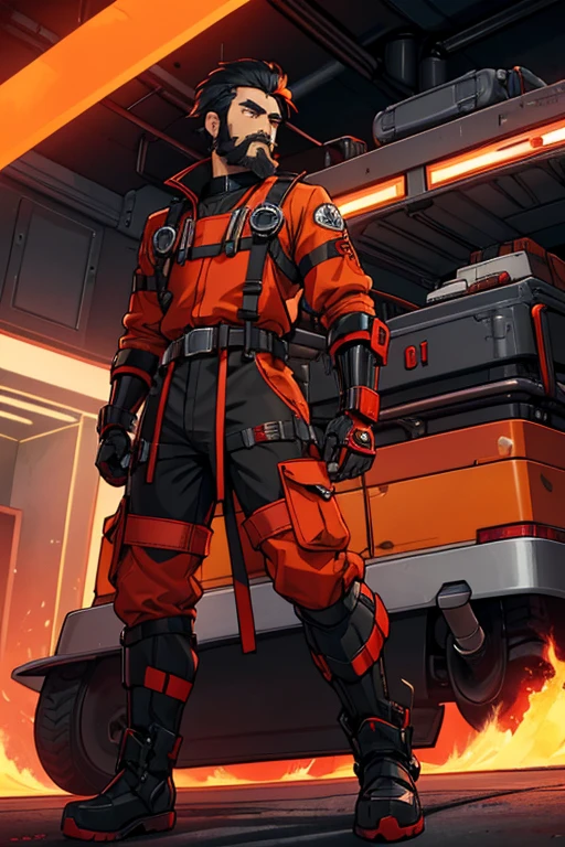 male, orange eyes, black hair, tan skin, (((1boy))), (((red and black futuristic Fire Rescue uniform))), (red Fire Rescue helmet), (black cybernetic gauntlets), (black boots), (black belt), long legs, beard, moustache