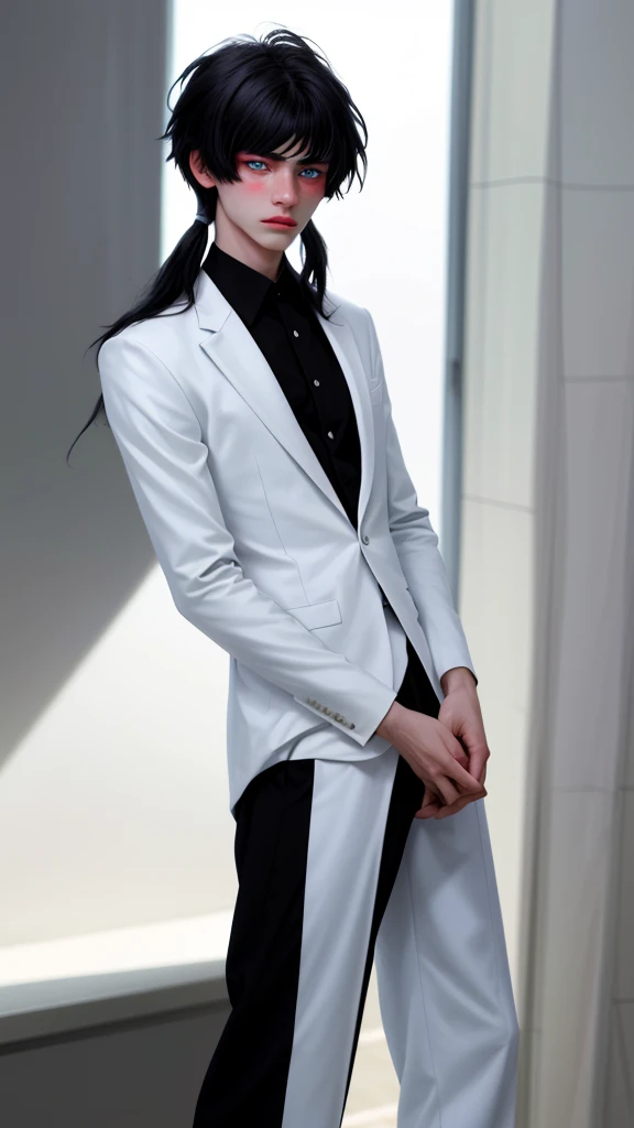 (masterpiece, best quality, detailed), 1boy androgynous and effeminate , solo, looking at viewer, candace, (pale skin, white-skinned boy androgynous 1.3), short hair with long locks, sidelocks, long hair, black hair ((heterochromia)),
pant suit, suit, formal, white short, white pull oversize, (black:1.5), He has an indifferent expression 