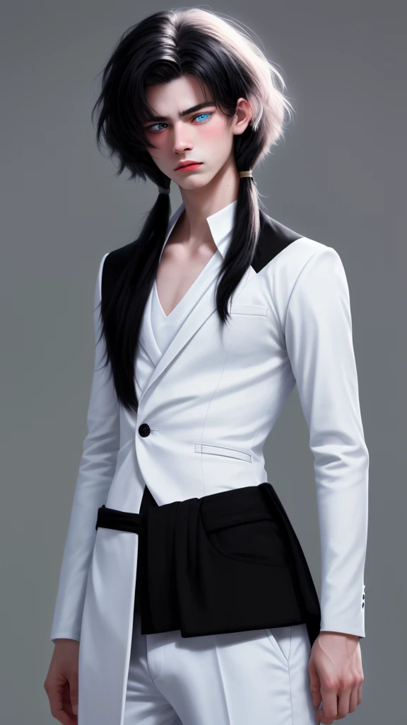 (masterpiece, best quality, detailed), 1boy androgynous and effeminate , solo, looking at viewer, candace, (pale skin, white-skinned boy androgynous 1.3), short hair with long locks, sidelocks, long hair, black hair ((heterochromia)),
pant suit, suit, formal, white short, white pull oversize, (black:1.5), He has an indifferent expression 