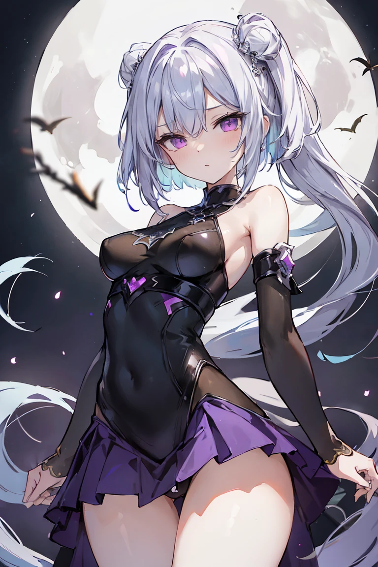 1girl, anime, cute girl, blank background, white background, fantasy, detailed fantasy dress with highlights, beautiful face, beautiful eyes, dark colors, black hair with multicolor streaks, red eye with different color pupil in eye, multicolor eye, medium breasts, slight cleavage, beautiful skin, cute, breast curtains, extremely delicate and beautiful, (beautiful detailed face:1.0), (detailed deep eyes), symmetrical breasts, deep eyes, shiny skin, portrait, slender waist, hips wider than shoulders, thighs, expressionless, young girl, luminous eyes, adorable,(Kpop idol),(aegyo sal:1),(Platinum blonde hair:1),((puffy eye)),Black panty,sexy posture,Superskirt, Ultra-high resolution,Black collar,slim figure, Abdominal y tattoo, womb tattoo,Tight-fitting leg ring,y tattoo on half-body,Bare skin, Armored hand,Hidden fingertips,Hand covered,Arm covered,Fist covered,{{beautiful detailed fingers}}, tufts of hair, moderate beautiful breast:1.0,(masterpiece:1.2), best quality, high-res, HDR, perfect face, intricate armor, delicate blue filigree, intricate filigree, red metalic parts, detailed part, dynamic pose, dynamic lights, cute face, neutral expression, shuimobysim, lotus, hanfu, maxi skirt, dress conservatively 1girl, solo, long blue hair, standing, One lady,14years,((White hair) ,(Shiny purple bodysuit with microskirt),((Fantasy, Moon Night)), gradient_eyes,