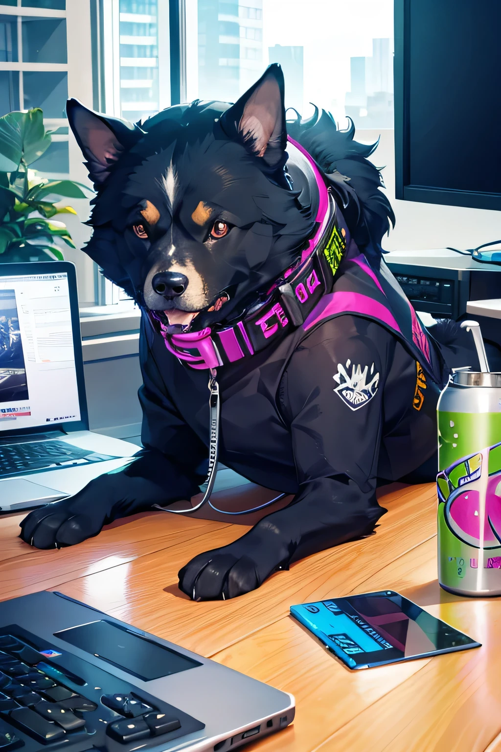 Cool dog drinking energy drink in front of a computer