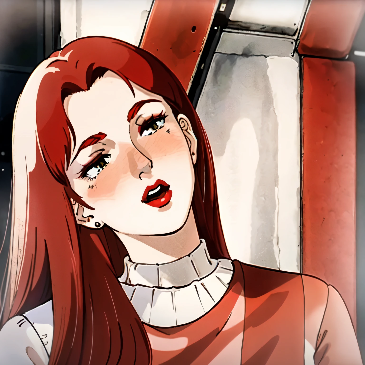 masterpiece,highres,high quality,upscaled,christinamackenzie,1girl, earrings, face close-up, (red eyeshadow: 1.2), partially closed eyes, open mouth, (red lips:1.1), choker, (face blush:1.1), (pale skin:1.2), (long hair:1.2),parted bangs,red hair,green eyes,