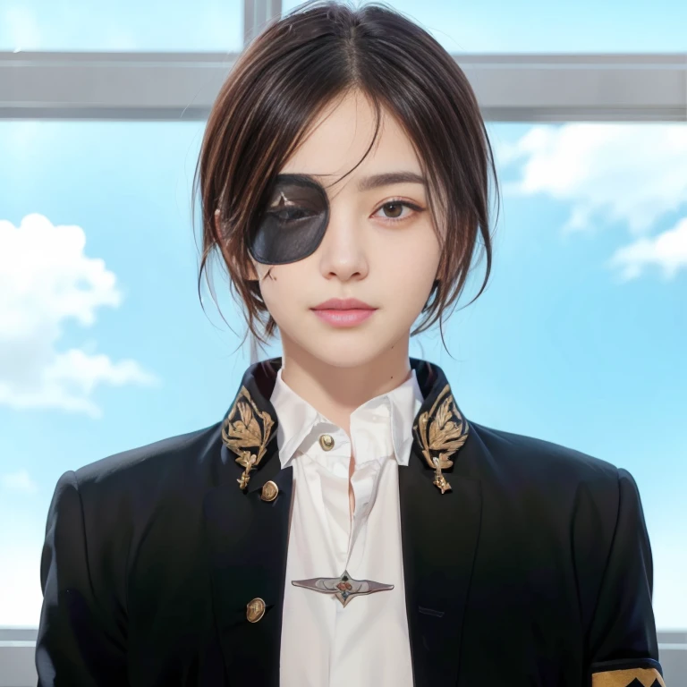 Handsome character with eye patch and eye patch in uniform, realistic