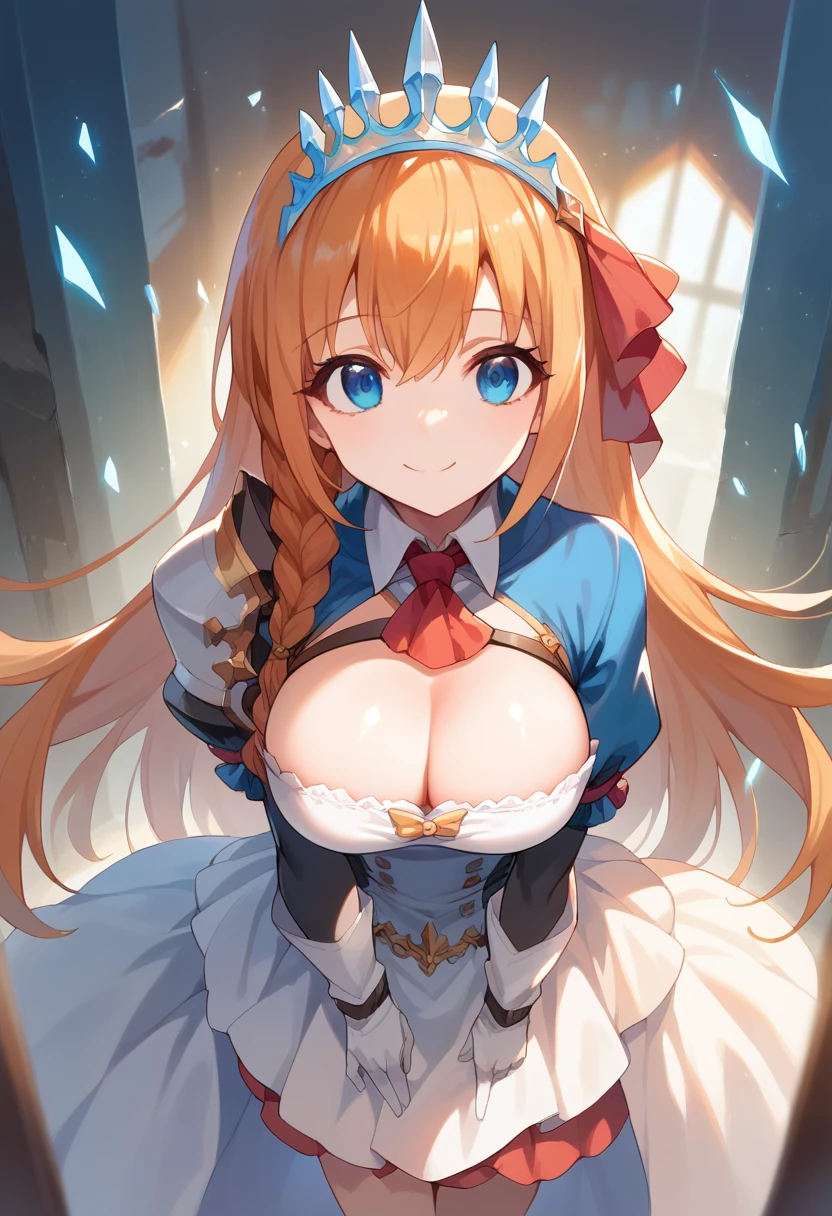 anime style, pov view, pecorine, mature female, blue eyes, big chest, hair ornament, long hair, orange hair, tiara, braid, hair braid, standing, smile, future city theme, room, Volumetric light, Volumetric particles,