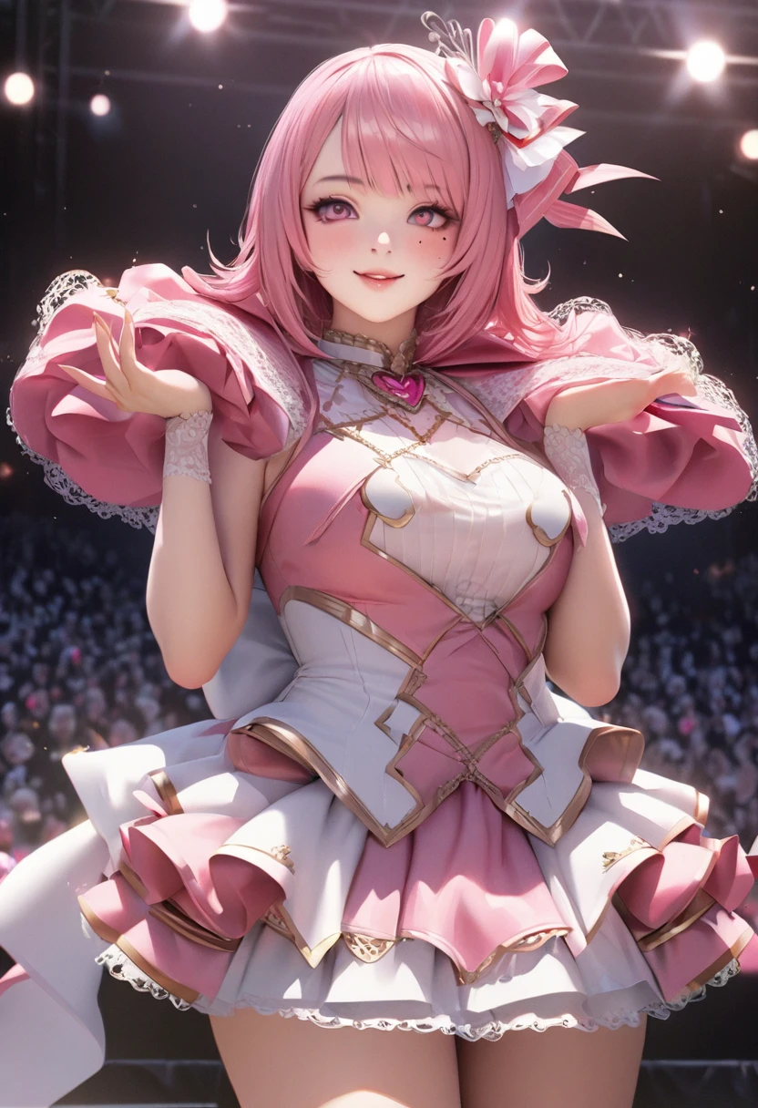 One Girl、Looking at the audience、
Beautiful pink eyes、Pink bob hair、,Her name is Mei, Mole under the eye、Plump and glossy lips、Heart-shaped choca、Idol、Her name is Rico,smile、ー、。.。.。.。.。.。.。.。.。.。.。.。.。.。.。.。.。.。.3D、Realistic、
IDOL costumes、Short skirt,Drape clothes、gem、The decoration has been removed、Floral、Lace trim,On a glittering stage、
masterpiece、highest quality、8k、Detailed skin texture、Detailed cloth texture、Beautifully detailed face、Intricate details、Very detailed、
超A high resolution、8k Ultra HD、Film Grain、Best Shadow、delicate、Gazing at the audience、front