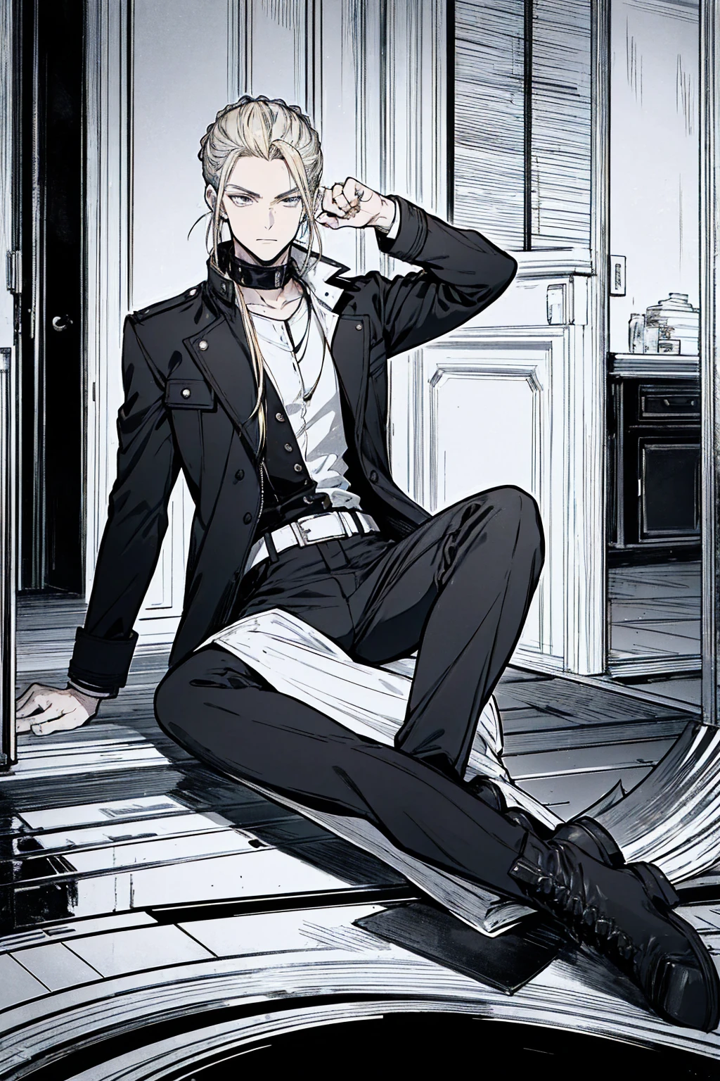 Tall, tannish, handsome male, Blonde hair put in manbun, lean and fit, wearing black and silver jacket, black pants, leather boots, relaxing, yawning.