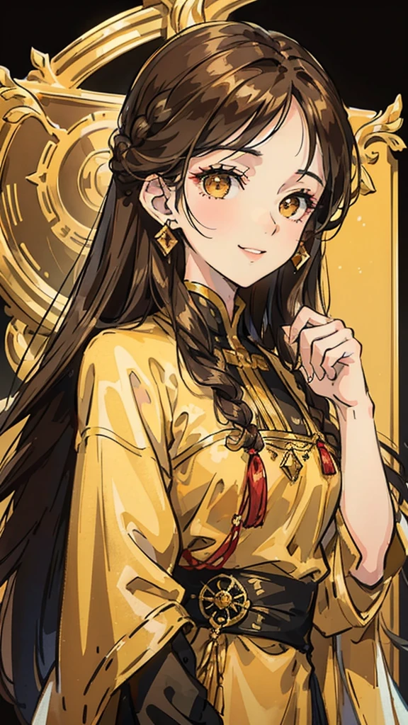 Woman , long dark brown hair, long dark brown hair , golden eyes, golden eyes, FOV, f1.8, masterpiece, front portrait shot, black and gold casual modern clothing, plain gold colored background, close up, smiling, front bangs, braid on the left side of hair, full front bangs