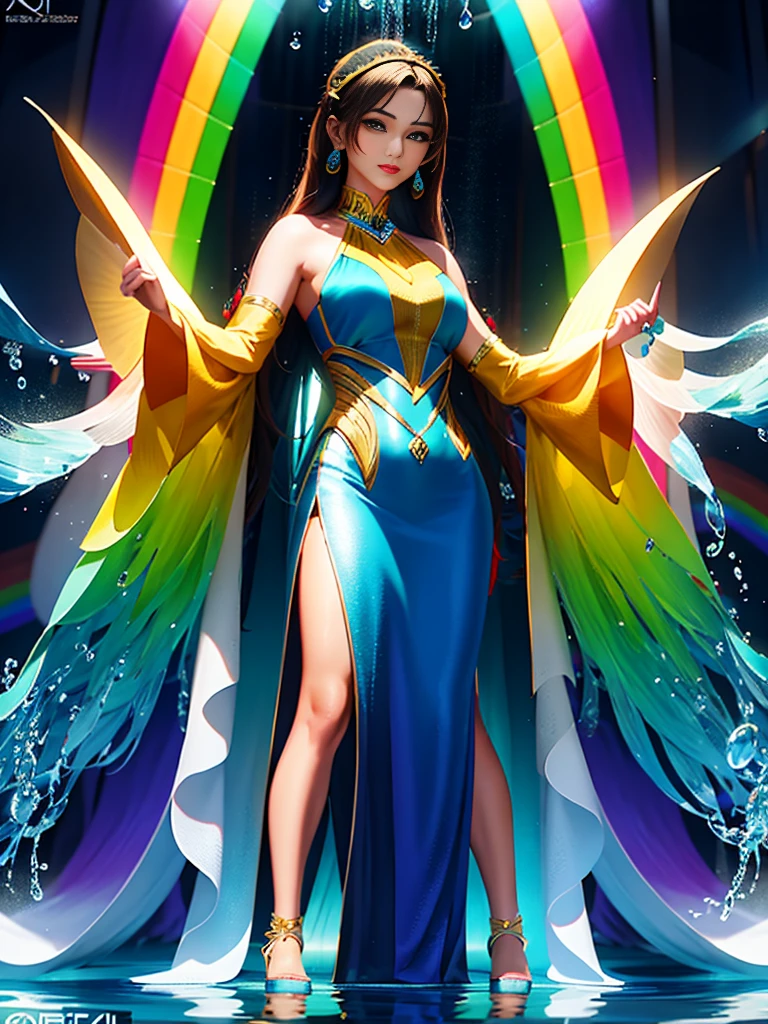 "A stunning digital rendering of a woman with a kaleidoscope of colors in her dress and hair, standing in a cascade of rainbow water, each droplet reflecting a different hue."