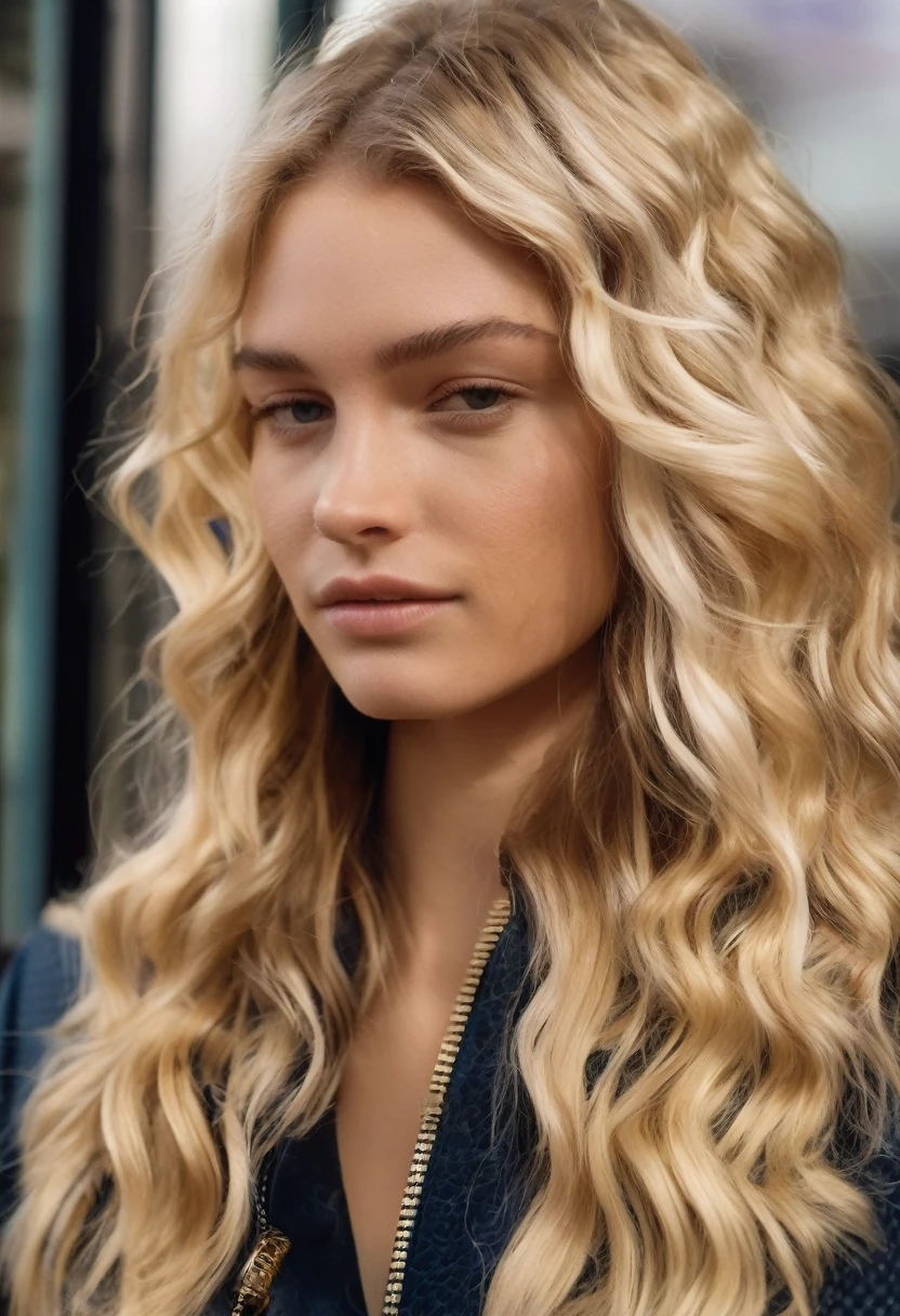 fille de 21 ans, blond, with wavy hair, se tient devant une boutique Louis Vuitton, toucher ses cheveux. Elle présente une silhouette élancée et une apparence de mannequin, porter des vêtements de Louis Vuitton, capturer l&#39;élégance et la sophistication du moment. Mettre en valeur la beauté des environs, she exudes an elegant presence, gros seins, l&#39;image est prise de face, offering a beautiful and seductive look,