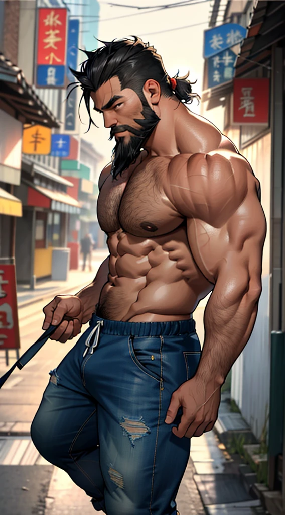 Asian，can，Best quality，masterpiece，Ultra-high resolution，Detailed background，Realistically，Implications，Filming，solo，1 boy，Muscle Man，有beard的，，Exposes the pectorals and abs，，Tattered pants，street，Muscle tissue，beard，Volumetric lighting，Depth of Field