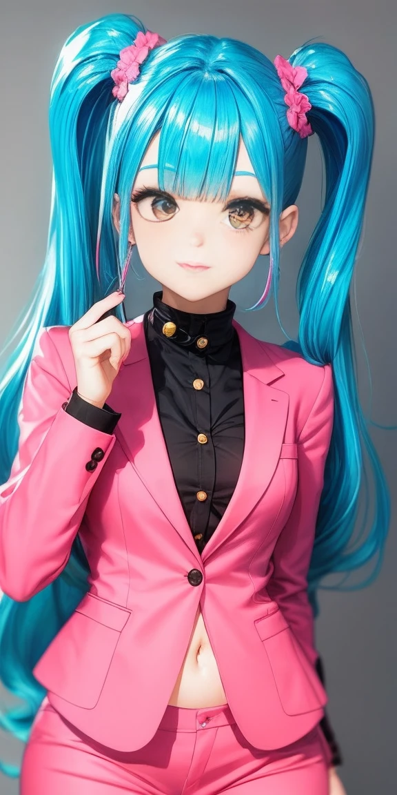 Bulma-like woman is wearing a tight blue suit with a plunging collar and a small pink jacket over it.. El traje resalta mis curvas de forma favorecedora. My long hair is tied in two high pigtails., adornadas con unos lacitos rojos. My eyes are made up with a touch of vibrant blue shadow and I'm wearing big, statement earrings.. Por supuesto, I also have the famous dragon radar in my hands