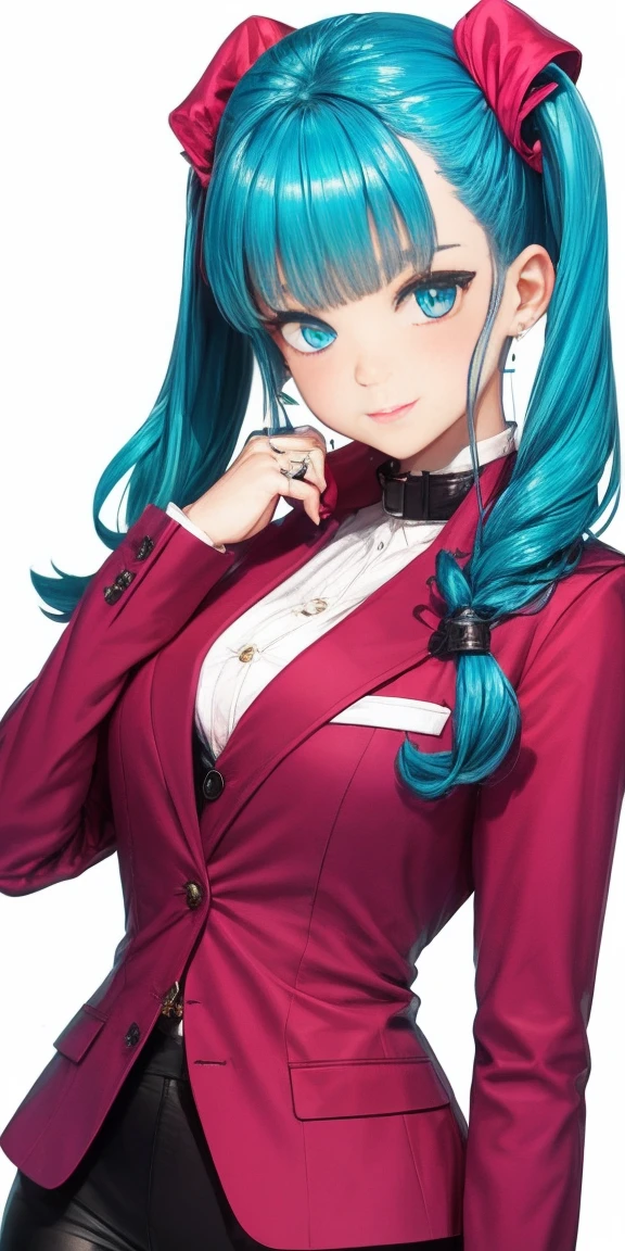 Bulma-like woman is wearing a tight blue suit with a plunging collar and a small pink jacket over it.. El traje resalta mis curvas de forma favorecedora. My long hair is tied in two high pigtails., adornadas con unos lacitos rojos. My eyes are made up with a touch of vibrant blue shadow and I'm wearing big, statement earrings.. Por supuesto, I also have the famous dragon radar in my hands