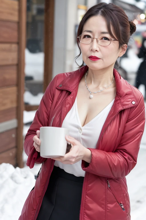8k, 55 year old mature Japanese woman, Beautiful mature woman, Long eyelashes, Nice body, Low Ponytail, Red lipstick, Down jacket, Cleavage, skirt, Pearl Necklace, Red lipstick, sexy, functional, Glasses, Hokkaido in winter,Outdoor