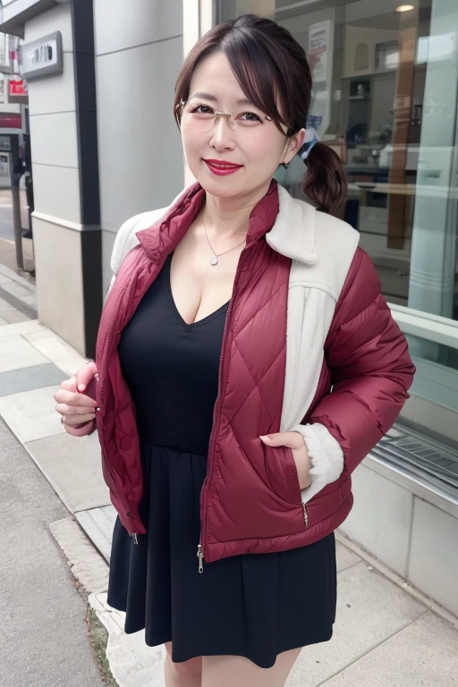8k, 55 year old mature Japanese woman, Beautiful mature woman, Long eyelashes, Nice body, Low Ponytail, Red lipstick, Down jacket, Cleavage, skirt, Pearl Necklace, Red lipstick, sexy, functional, Glasses, Hokkaido in winter,Outdoor