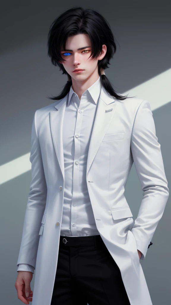 (masterpiece, best quality, detailed), 1boy androgynous and effeminate , solo, looking at viewer, candace, (pale skin, white-skinned boy androgynous 1.3), short hair with long locks, sidelocks, long hair, black hair ((heterochromia)),
pant suit, suit, formal, white short, white pull oversize, (black:1.5), He has an indifferent expression 