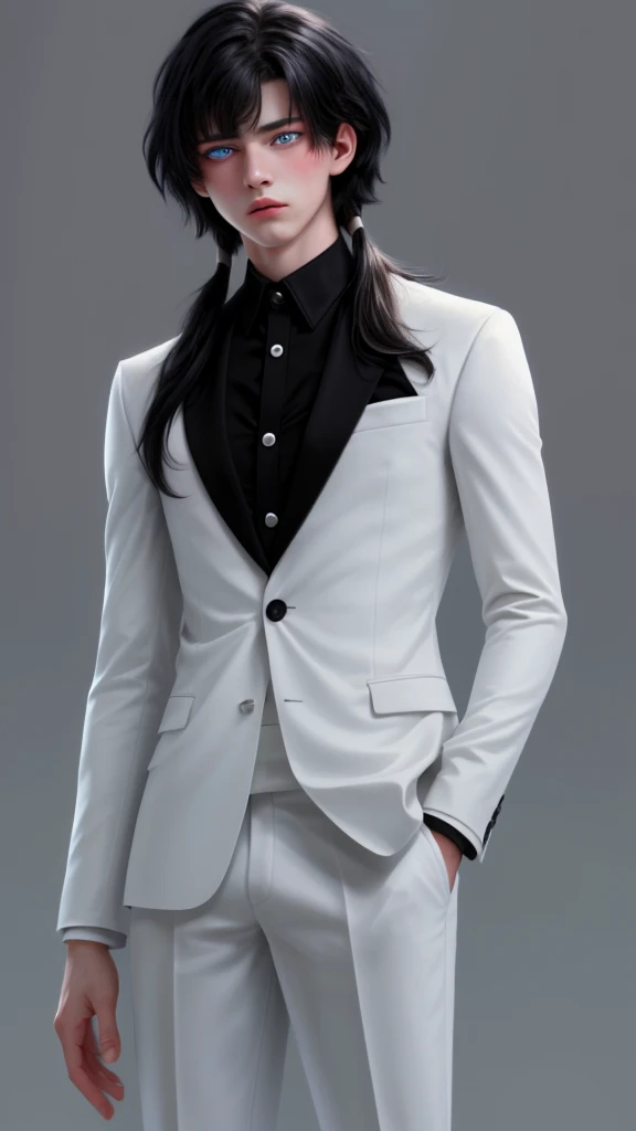 (masterpiece, best quality, detailed), 1boy androgynous and effeminate , solo, looking at viewer, candace, (pale skin, white-skinned boy androgynous 1.3), short hair with long locks, sidelocks, long hair, black hair ((heterochromia)),
pant suit, suit, formal, white short, white pull oversize, (black:1.5), He has an indifferent expression 