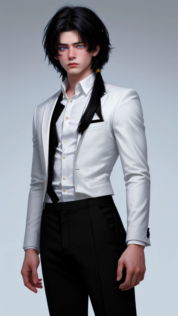 (masterpiece, best quality, detailed), 1boy androgynous and effeminate , solo, looking at viewer, candace, (pale skin, white-skinned boy androgynous 1.3), short hair with long locks, sidelocks, long hair, black hair ((heterochromia)),
pant suit, suit, formal, white short, white pull oversize, (black:1.5), He has an indifferent expression 