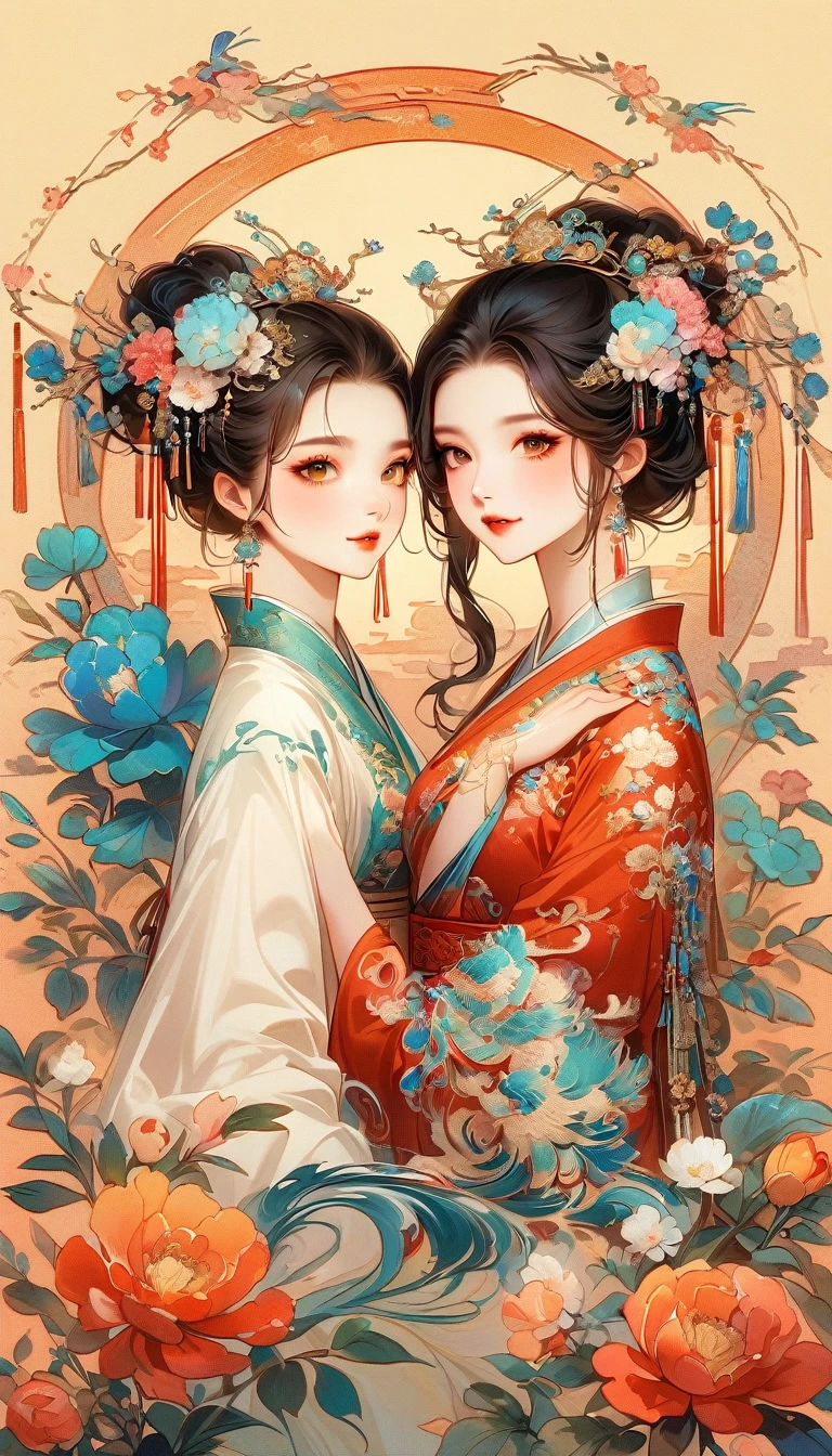 A beautiful young woman in traditional Chinese attire, sweet smile, from side, eyes look at other side, fashion pose, charming and attractive sexy pose, surrounded by a lush garden. gazing at it with gentle eyes. The woman's hair is styled in an elaborate updo adorned with flowers and traditional ornaments. Her dress is elegant, featuring fine silk with floral embroidery. The garden is in full bloom, with peonies and other flowers providing a backdrop. The scene captures the serenity and beauty of classical Chinese art, with a touch of nature harmony, (((Ultra-high saturation, high natural saturation, extremely bright colors)))