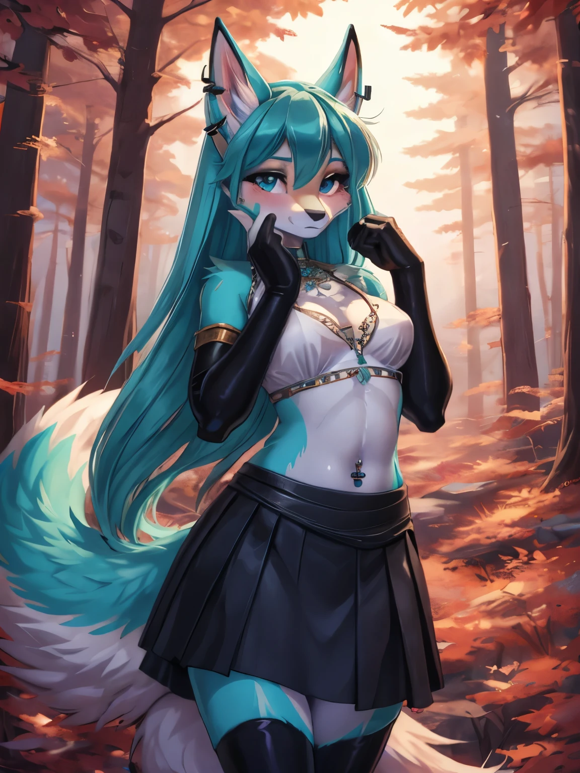  5 girls, harem,Chica anime, anime style, cute hatsune miku x suicune, shy girl , Orejas de Kitsune, arte de dark natasha, autum forest landscape, arte de vixen aztra, cuerpo completo, patas hermosas, cintura delgada, caderas amplias, piernas torneadas, hermosa, foto de cuerpo completo, sensual navel blouse, black skirt, navel piercing, ear piercing, navel tattoo, shy pose, back pose, hands up,  black body, beatifull and detailed hands, feudal pries costume