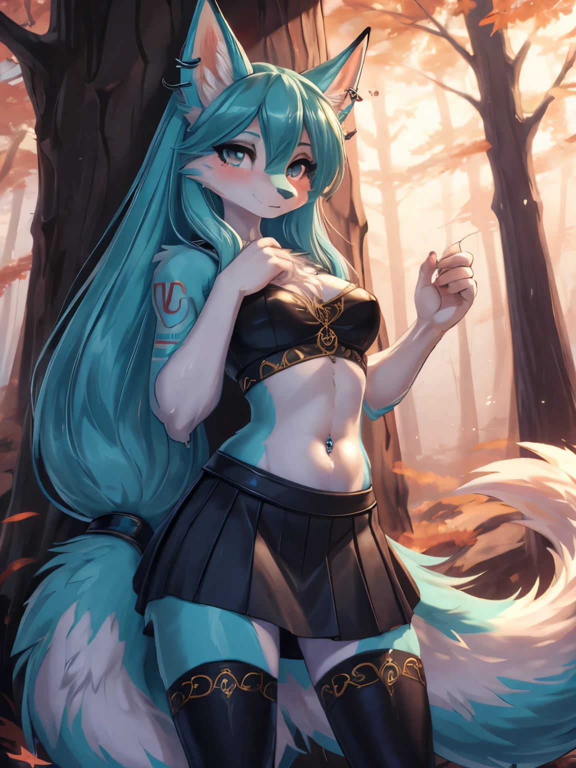  5 girls, harem,Chica anime, anime style, cute hatsune miku x suicune, shy girl , Orejas de Kitsune, arte de dark natasha, autum forest landscape, arte de vixen aztra, cuerpo completo, patas hermosas, cintura delgada, caderas amplias, piernas torneadas, hermosa, foto de cuerpo completo, sensual navel blouse, black skirt, navel piercing, ear piercing, navel tattoo, shy pose, back pose, hands up,  black body, beatifull and detailed hands, feudal pries costume