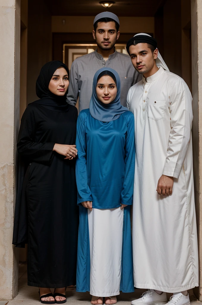 photo of a young married couple with a 25 year old husband and a 19 year old wife wearing Muslim clothes and the wife wearing a hijab equivalent to clothes
