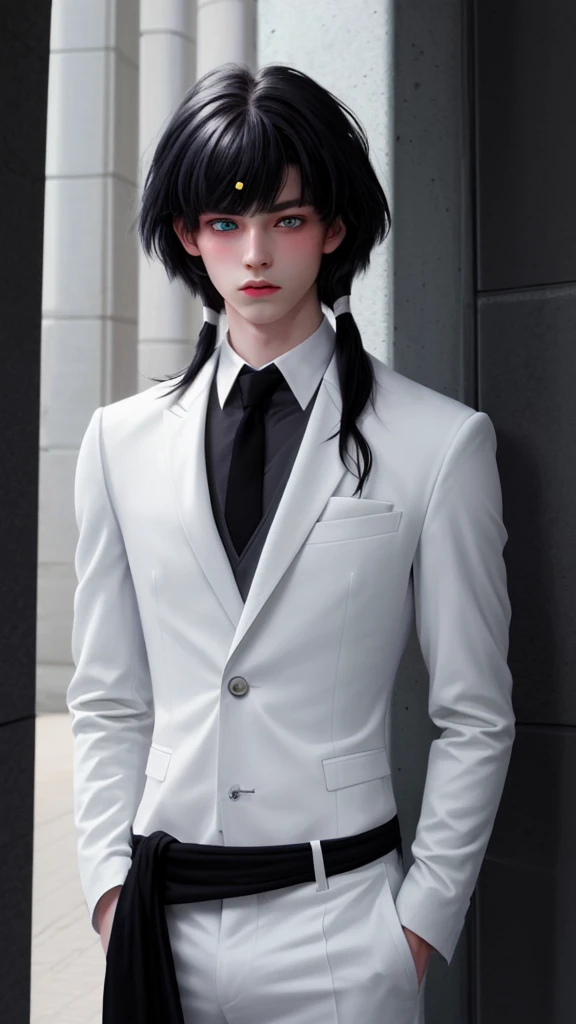 (masterpiece, best quality, detailed), 1boy androgynous and effeminate , solo, looking at viewer, candace, (pale skin, white-skinned boy androgynous 1.3), short hair with long locks, sidelocks, long hair, black hair ((heterochromia)),
pant suit, suit, formal, white short, white pull, (black:1.5), He has an indifferent expression 