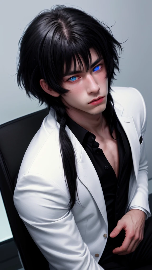 (masterpiece, best quality, detailed), 1boy androgynous and effeminate , solo, looking at viewer, candace, (pale skin, white-skinned boy androgynous 1.3), short hair with long locks, sidelocks, long hair, black hair ((heterochromia)),
pant suit, suit, formal, white short, white pull, (black:1.5), He has an indifferent expression 