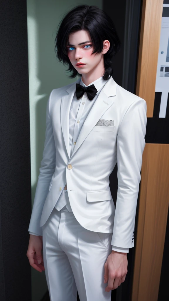 (masterpiece, best quality, detailed), 1boy androgynous and effeminate , solo, looking at viewer, candace, (pale skin, white-skinned boy androgynous 1.3), short hair with long locks, sidelocks, long hair, black hair ((heterochromia)),
pant suit, suit, formal, white short, white pull, (black:1.5), He has an indifferent expression 