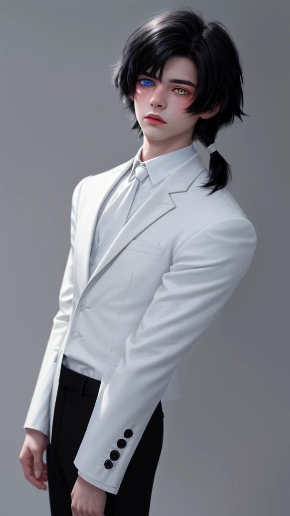 (masterpiece, best quality, detailed), 1boy androgynous and effeminate , solo, looking at viewer, candace, (pale skin, white-skinned boy androgynous 1.3), short hair with long locks, sidelocks, long hair, black hair ((heterochromia)),
pant suit, suit, formal, white short, white pull, (black:1.5), He has an indifferent expression 