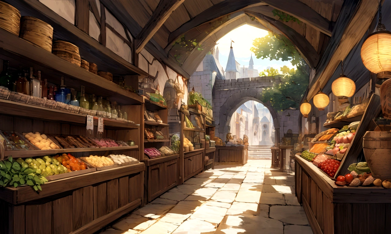 ((((masterpiece, Highest quality, High resolution)))), High detail, manga,anime,Illustration Style,Use of bright colors,Ghibli Studio,Similar to the colors used in daytime scenes., Medieval European fantasy world, There is no castle in the background,Target,Prizes for a tile-matching game are laid out in a row on a wooden shelf, Targetゲームの景品,Targetゲーム, Herb bottles displayed as prizes at food stalls, Market Square during the day, The water glistens in the sunlight.., Bustling food stalls,No humans,人の着ている服はGhibli Studioの魔女の宅急便のような雰囲気, RPG-like scenery,The sky is bright blue、Fluffy white clouds floating, And the sun is shining brightly, Creates a magical and cozy atmosphere,