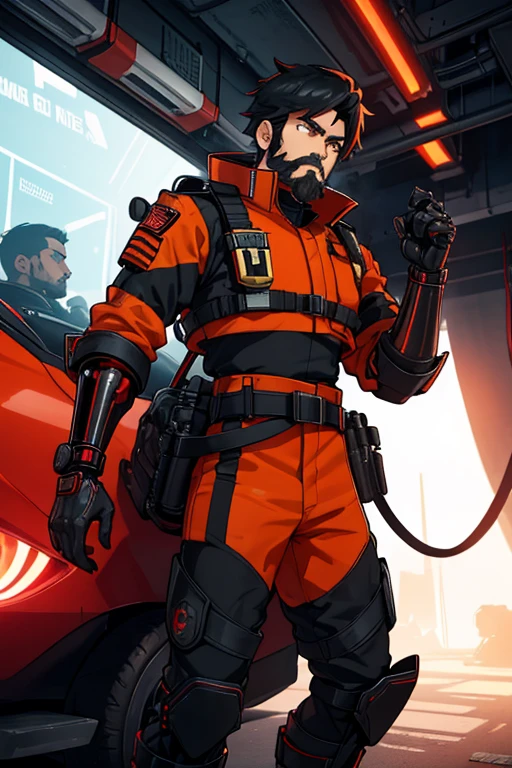 male, orange eyes, black hair, tan skin, (((1boy))), (((red and black futuristic Fire Rescue uniform))), (red Fire Rescue helmet), (black cybernetic gauntlets), (black boots), (black belt), long legs, beard, moustache