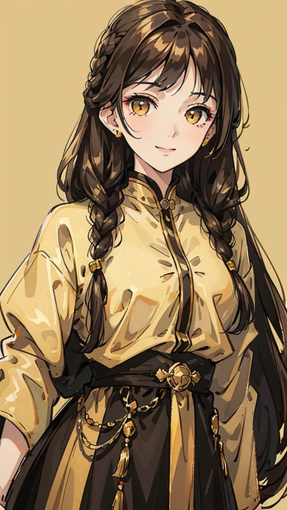 Woman , long dark brown hair, long dark brown hair , golden eyes, golden eyes, FOV, f1.8, masterpiece, front portrait shot, black and gold casual modern clothing, plain gold colored background, close up, smiling, front bangs, front bangs, bangs, braid on the left side of hair, full front bangs