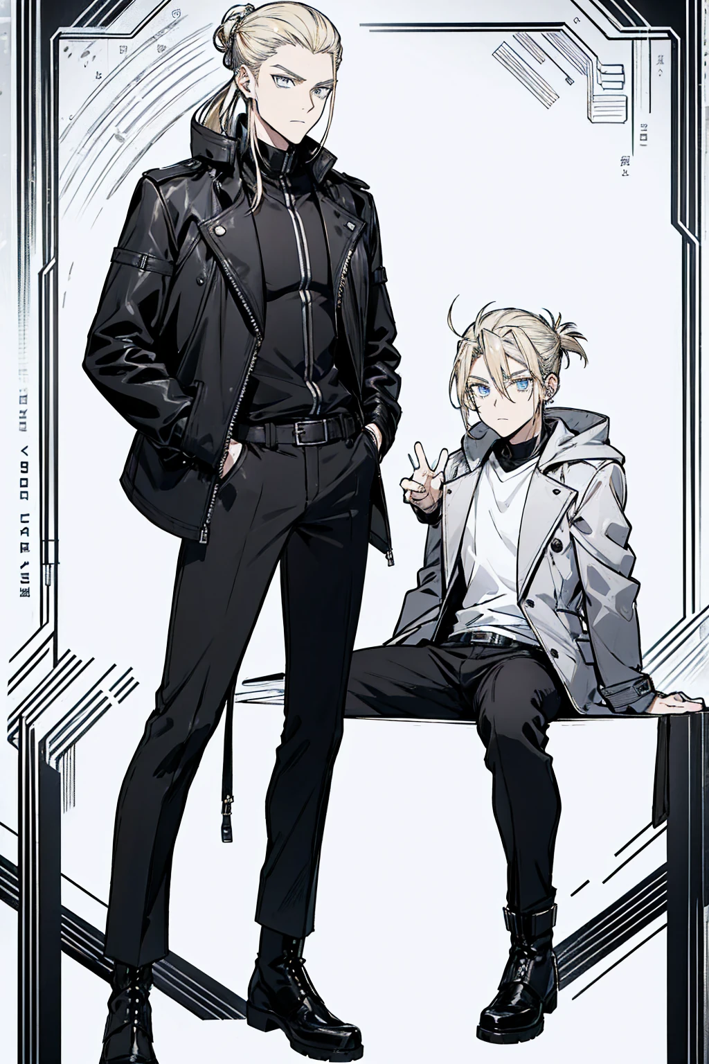 Tall, tannish, handsome male, Blonde hair put in manbun, lean and fit, wearing black and silver jacket, black pants, leather boots, relaxing, yawning, alone.