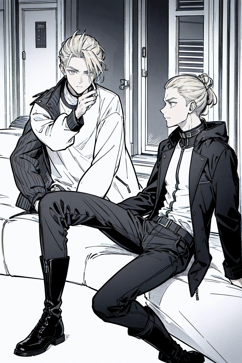 Tall, tannish, handsome male, Blonde hair put in manbun, lean and fit, wearing black and silver jacket, black pants, leather boots, relaxing, yawning, alone.