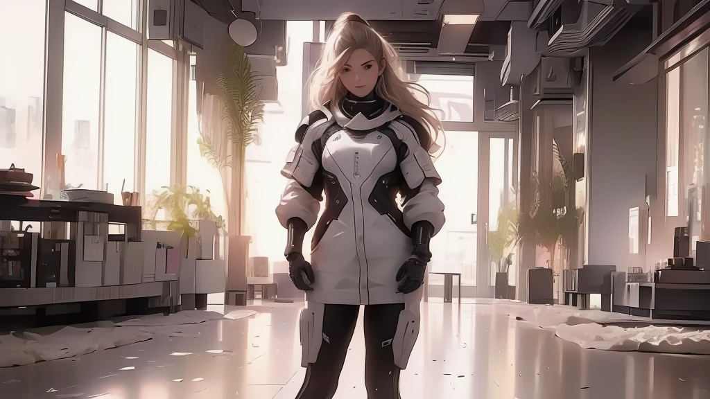 (UHD, award winning, super detail, best quality, masterpiece, anatomically correct, accurate, highres, 16k),Cyberpunk, City of the Future, The back view of a long-haired girl holding a weapon and carrying a travel bag,(best quality, 4k, ultra detailed, high resolution, masterpiece: 1.2),Personaje a la Distancia: Hay un personaje visto desde lejos, located at a high observation point. It is small compared to the surroundings, resaltando la magnitud de la nave. The character is equipped with a space suit, with flashing lights and mechanical details.Vista del Espacio Exterior: Through the openings in the ship, se ve un vasto espacio estrellado. The stars are unevenly distributed, creating variable densities and suggesting the remoteness of some celestial objects