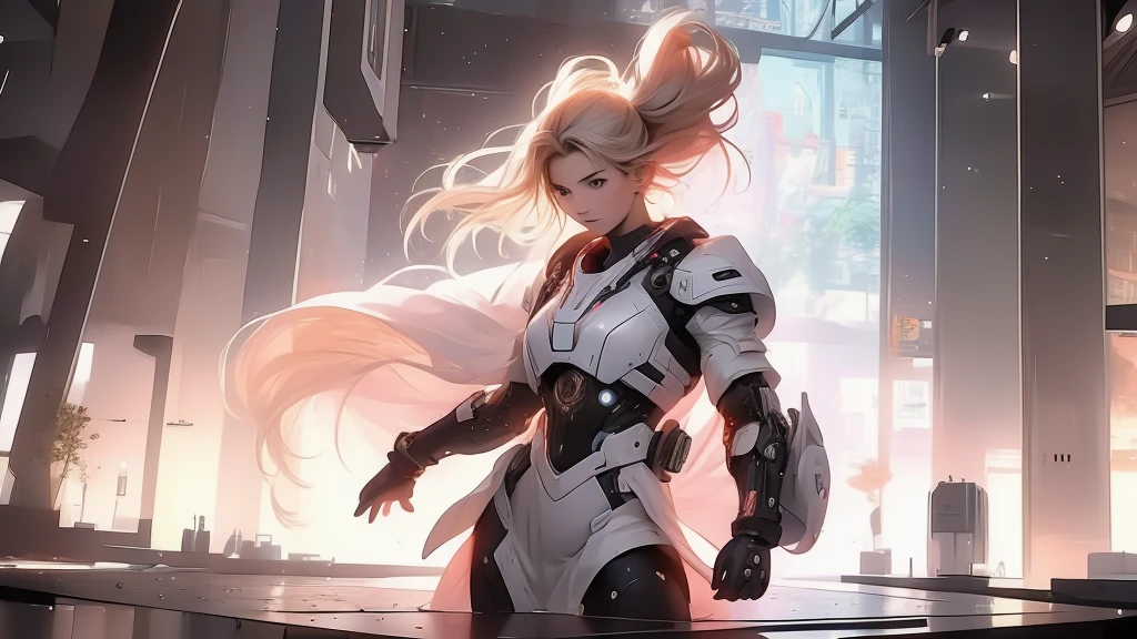 (UHD, award winning, super detail, best quality, masterpiece, anatomically correct, accurate, highres, 16k),Cyberpunk, City of the Future, The back view of a long-haired girl holding a weapon and carrying a travel bag,(best quality, 4k, ultra detailed, high resolution, masterpiece: 1.2),Personaje a la Distancia: Hay un personaje visto desde lejos, located at a high observation point. It is small compared to the surroundings, resaltando la magnitud de la nave. The character is equipped with a space suit, with flashing lights and mechanical details.Vista del Espacio Exterior: Through the openings in the ship, se ve un vasto espacio estrellado. The stars are unevenly distributed, creating variable densities and suggesting the remoteness of some celestial objects