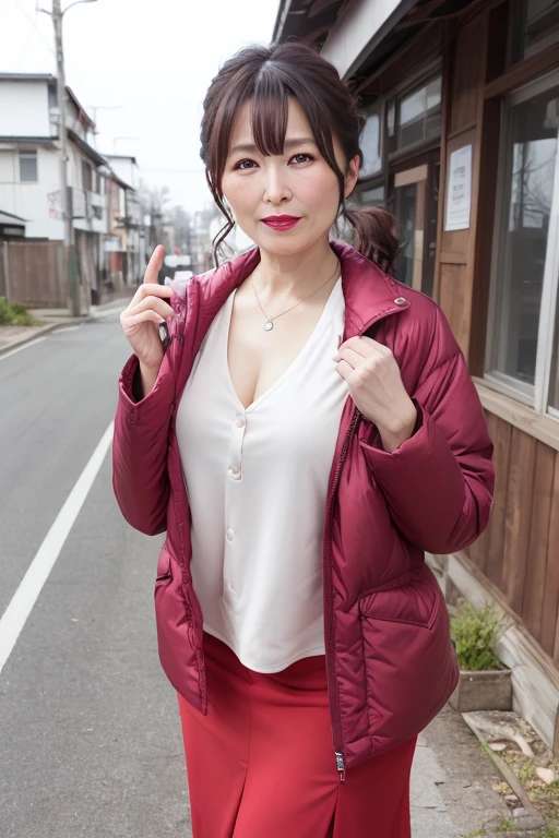 8k, 55 year old mature Japanese woman, Beautiful mature woman, Long eyelashes, Nice body, Low Ponytail, Red lipstick, Down jacket, Cleavage, skirt, Pearl Necklace, Red lipstick, sexy, Hokkaido in winter,Outdoor