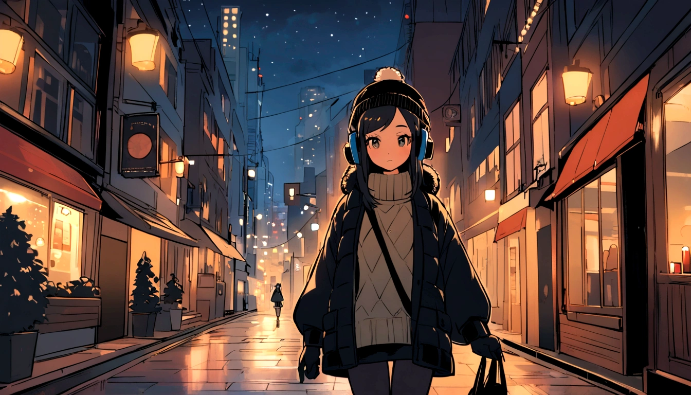 lofi relaxed one brunette girl with headphones walks in streets of NYC.ing. winter night. beautiful landscape of NYC in night sky. travel. tourist. sweater, gloves, winter hat. long black hair.