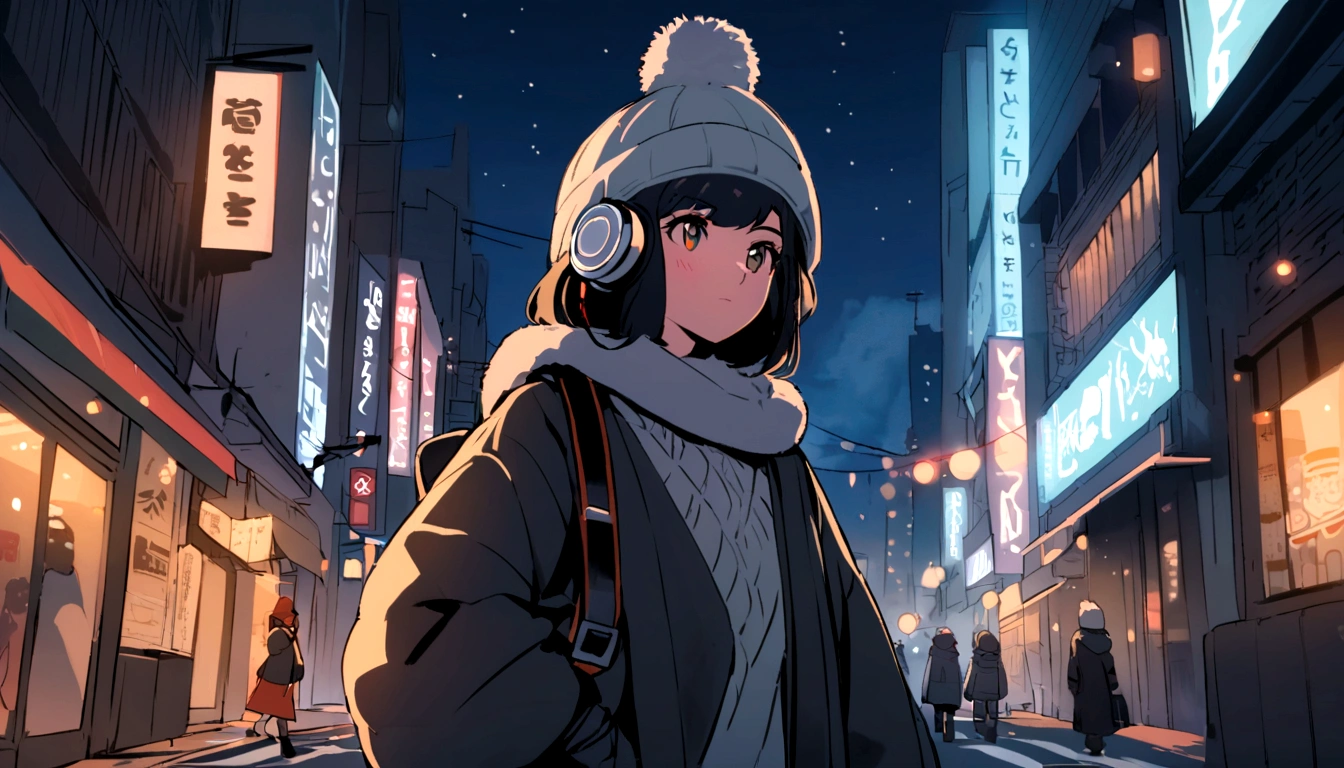 lofi relaxed one brunette girl with headphones walks in streets of NYC.ing. winter night. beautiful landscape of NYC in night sky. travel. tourist. sweater, gloves, winter hat. long black hair.