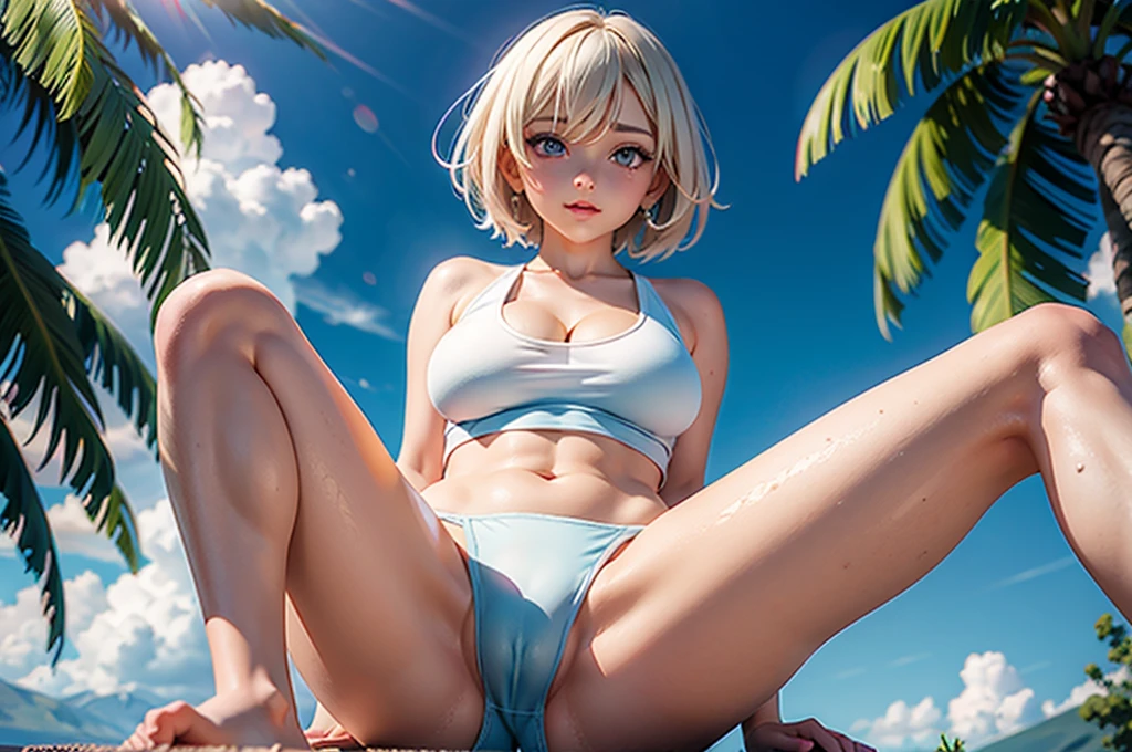 Maki Zenin covered in water, direct sun lighting, (best quality), ((spread legs)), (cameltoe 1.9), (((oversized top))), lewd pose, (navel visible), legs exposed, (flushed face 2), chubby body, (cleavage 1.8), ((loin cloth)), wearing trainer sneakers, ((short hair))