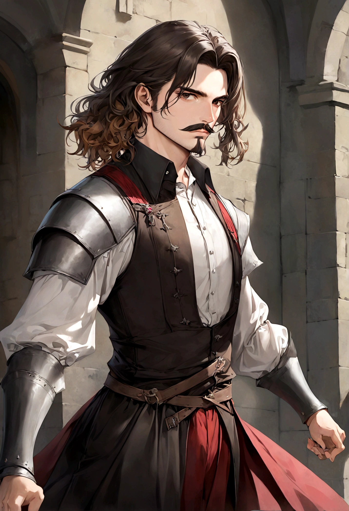 (Una gran armadura medieval para hombre), ), ((bigote estilo Van Dyke y (barba de chivo) "Van Dyke", Van Dyke beard)), (light brown eyes), Aspecto atractivo y serio, ((cabello muy largo oscuro, messy hair)), Elegante y con estilo, armadura, Un hombre maduro similar al actor Jim Morrison con el cabello largo, ((cabello muy largo)), (Imagen realista y de alta calidad), castillo medieval, ((La mejor calidad, 8K, obra maestra).((dynamic pose with forward gaze, viendo al espectador)), (cabello largo pasando los hombros)