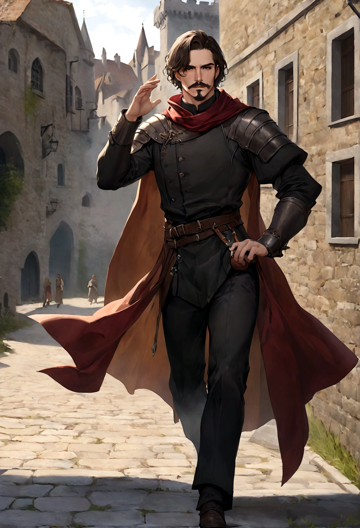 (Una gran armadura medieval para hombre), ), ((bigote estilo Van Dyke y (barba de chivo) "Van Dyke", Van Dyke beard)), (light brown eyes), Aspecto atractivo y serio, ((cabello muy largo oscuro, messy hair)), Elegante y con estilo, armadura, Un hombre maduro similar al actor Jim Morrison con el cabello largo, ((cabello muy largo)), (Imagen realista y de alta calidad), castillo medieval, ((La mejor calidad, 8K, obra maestra).((dynamic pose with forward gaze, viendo al espectador)), (cabello largo pasando los hombros)